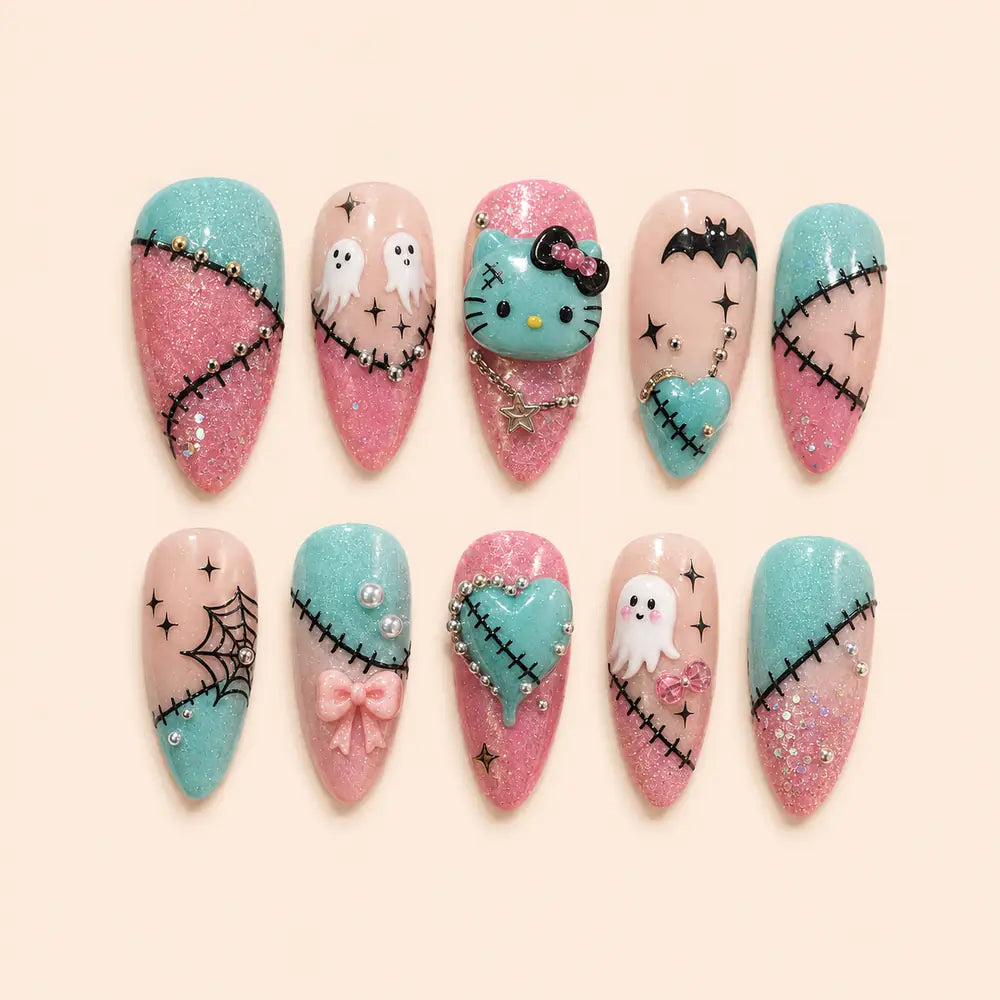 Kawaii Stitched Ghost Halloween Glitter 3D Press On Nails — image 1