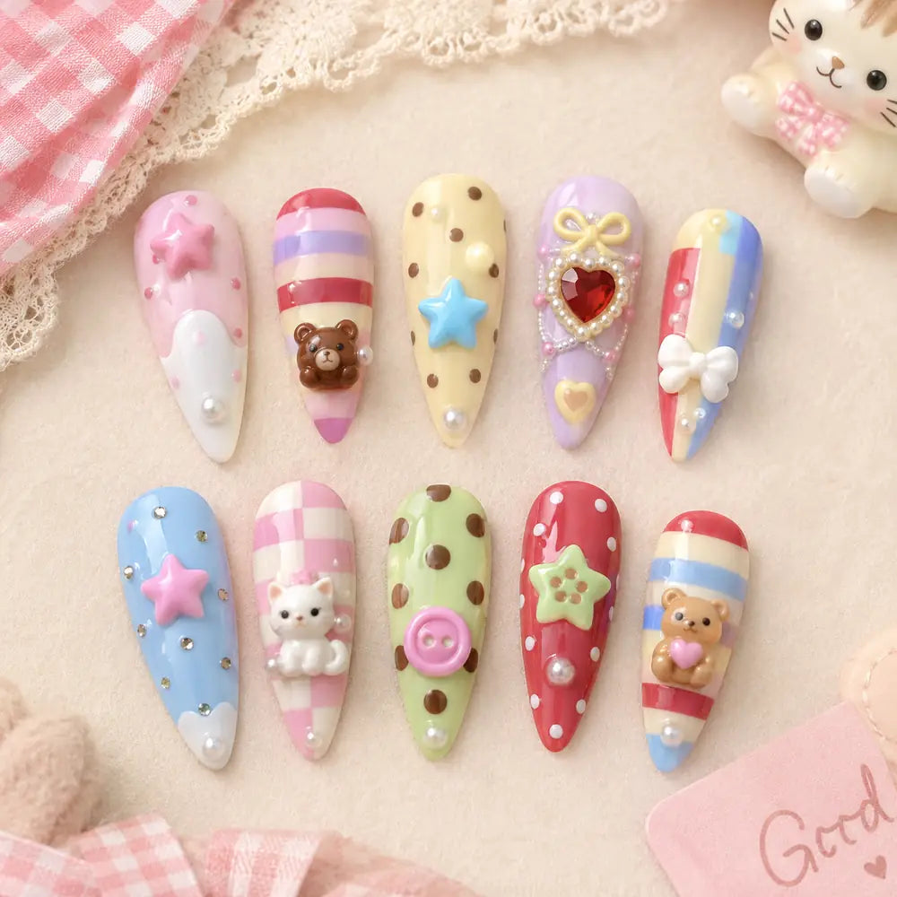 Kawaii Teddy Bear Star Charm 3D Press On Nails — image 2