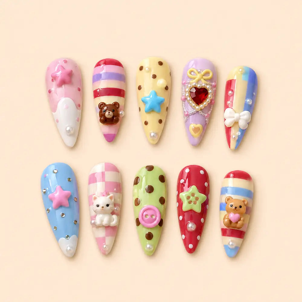 Kawaii Teddy Bear Star Charm 3D Press On Nails — image 1