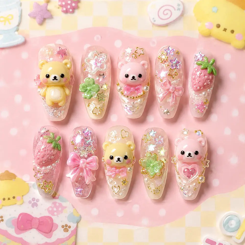 Kawaii Teddy Bear Strawberry 3D Press On Nails — image 2
