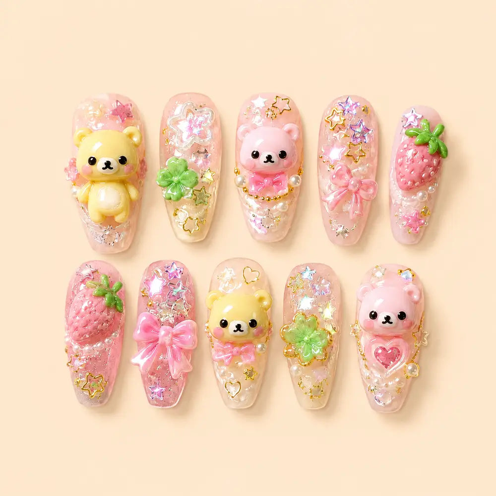 Kawaii Teddy Bear Strawberry 3D Press On Nails — image 1