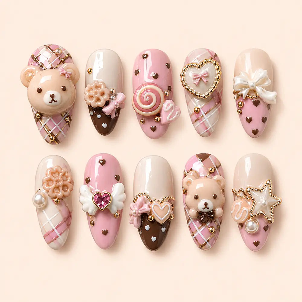 Kawaii Teddy Candy Charm 3D Press On Nails — image 1
