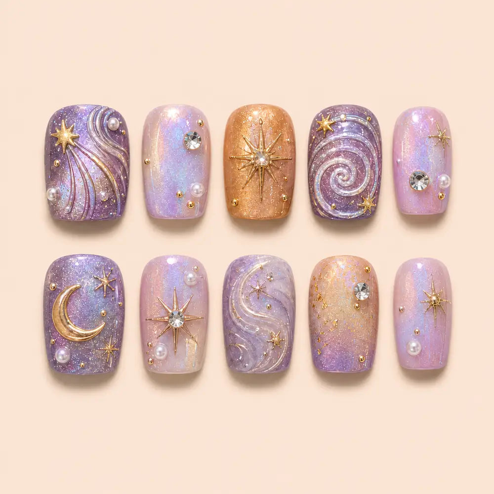 Lavender Cosmic Swirl Glitter Rhinestone Press On Nails — image 1