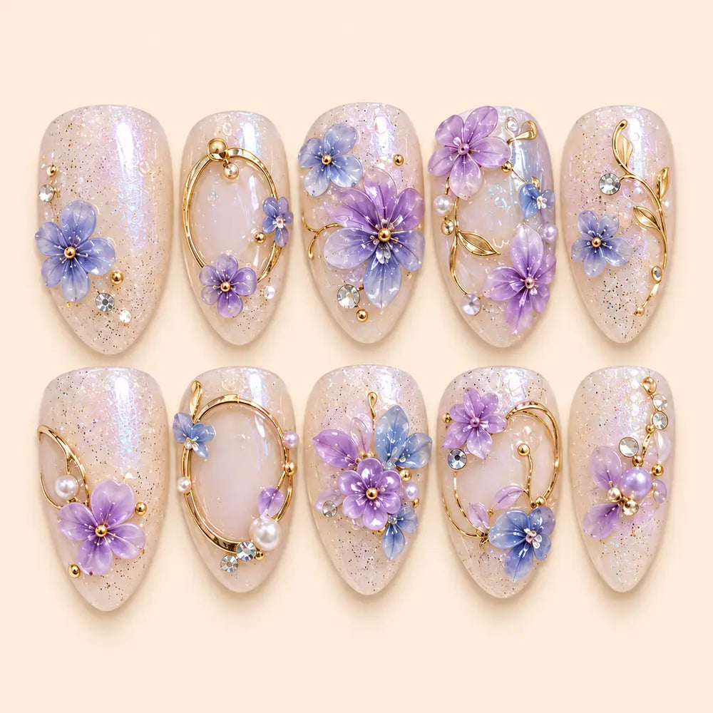 Lavender Garden 3D Floral Rhinestone Press On Nails — image 1