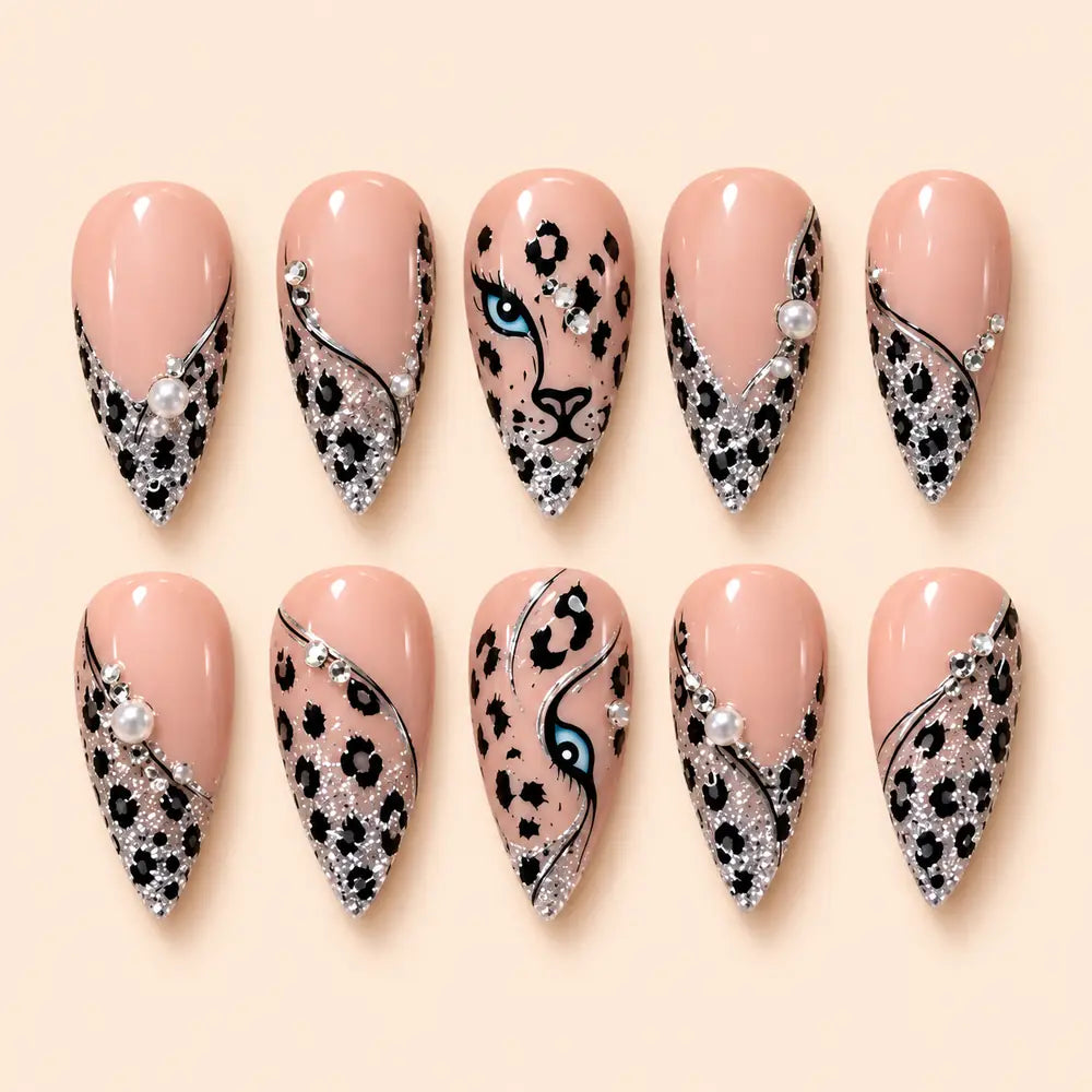 Leopard Gaze Rhinestone French Tip Press On Nails — image 1