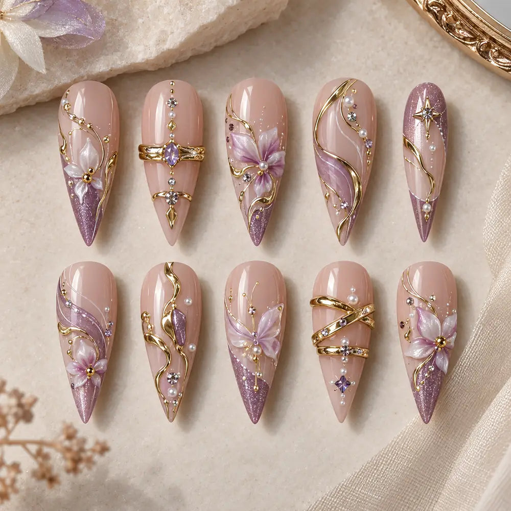 Lilac Butterfly Garden Stiletto Press On Nails — image 2