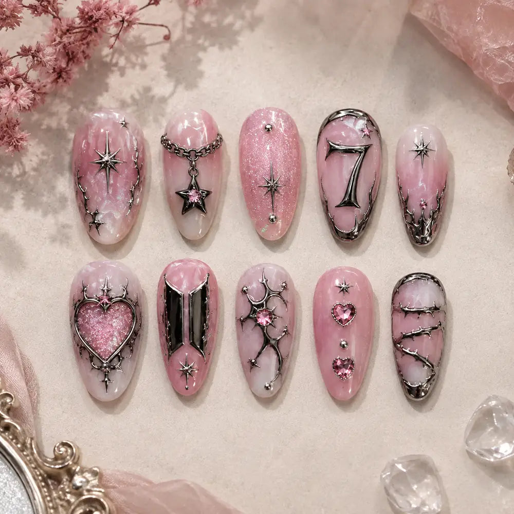 Lucky 7 Pink Celestial Heart Press On Nails — image 2