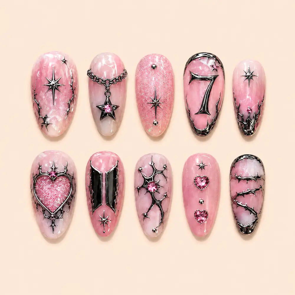 Lucky 7 Pink Celestial Heart Press On Nails — image 1