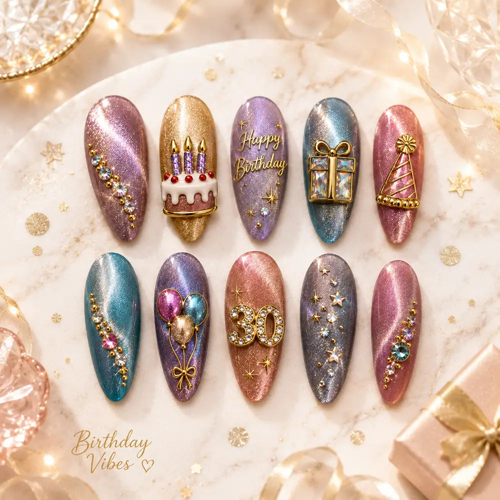 Luxury Birthday Cake Cat Eye Rhinestone Press On Nails