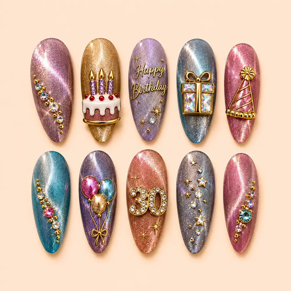Luxury Birthday Cake Cat Eye Rhinestone Press On Nails