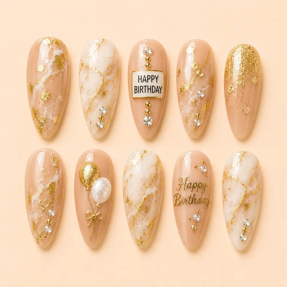 Luxury Birthday Marble Gold Foil Glitter Press On Nails
