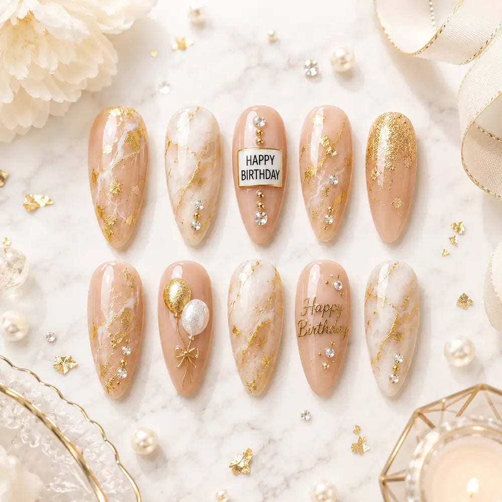 Luxury Birthday Marble Gold Foil Glitter Press On Nails