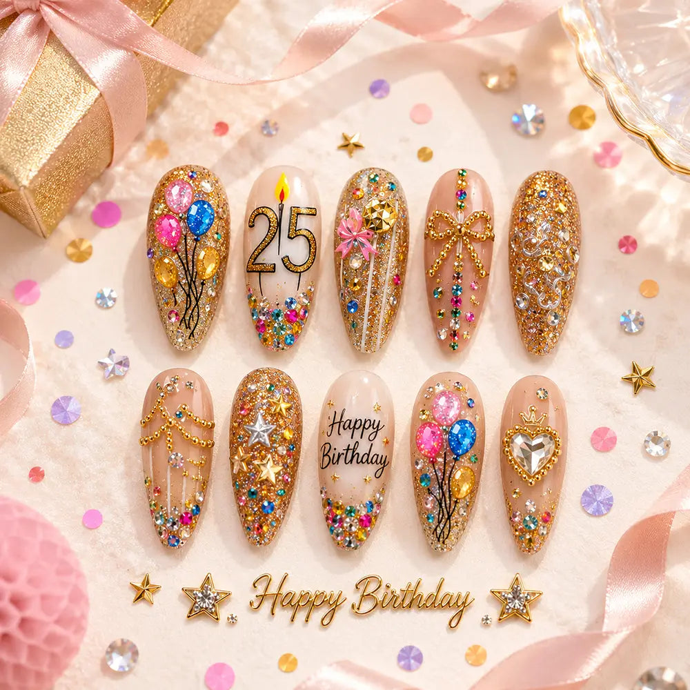 Luxury Birthday Rhinestone Glitter Press On Nails