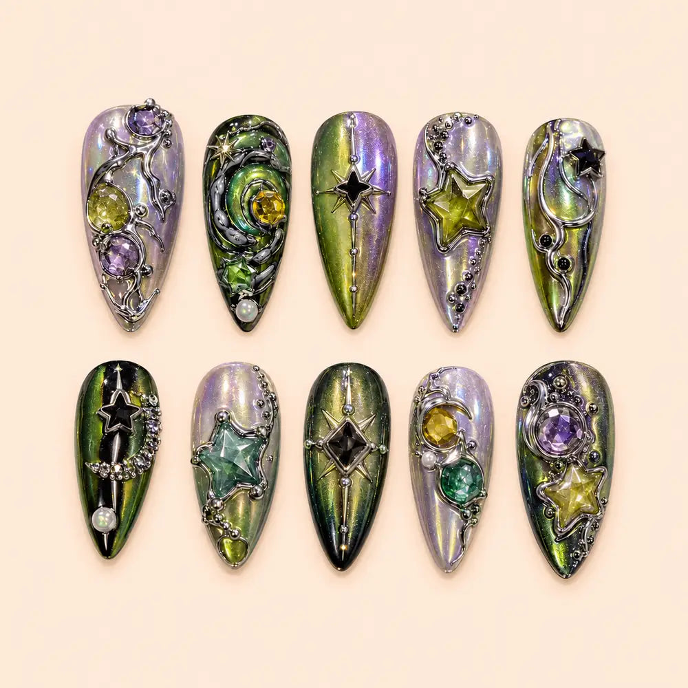 Iridescent Celestial Jewel 3D Press On Nails — image 1
