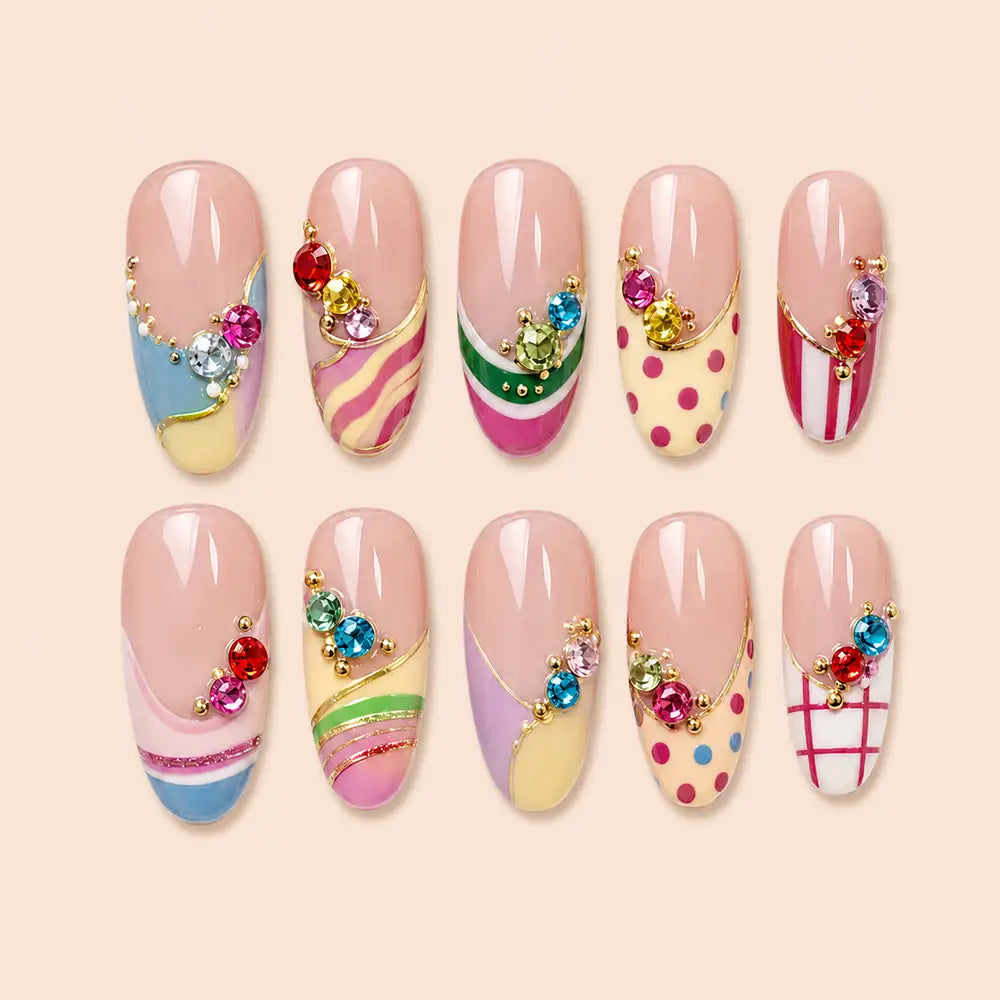 Colorful Y2K Geometric Rhinestone Press On Nails — image 1