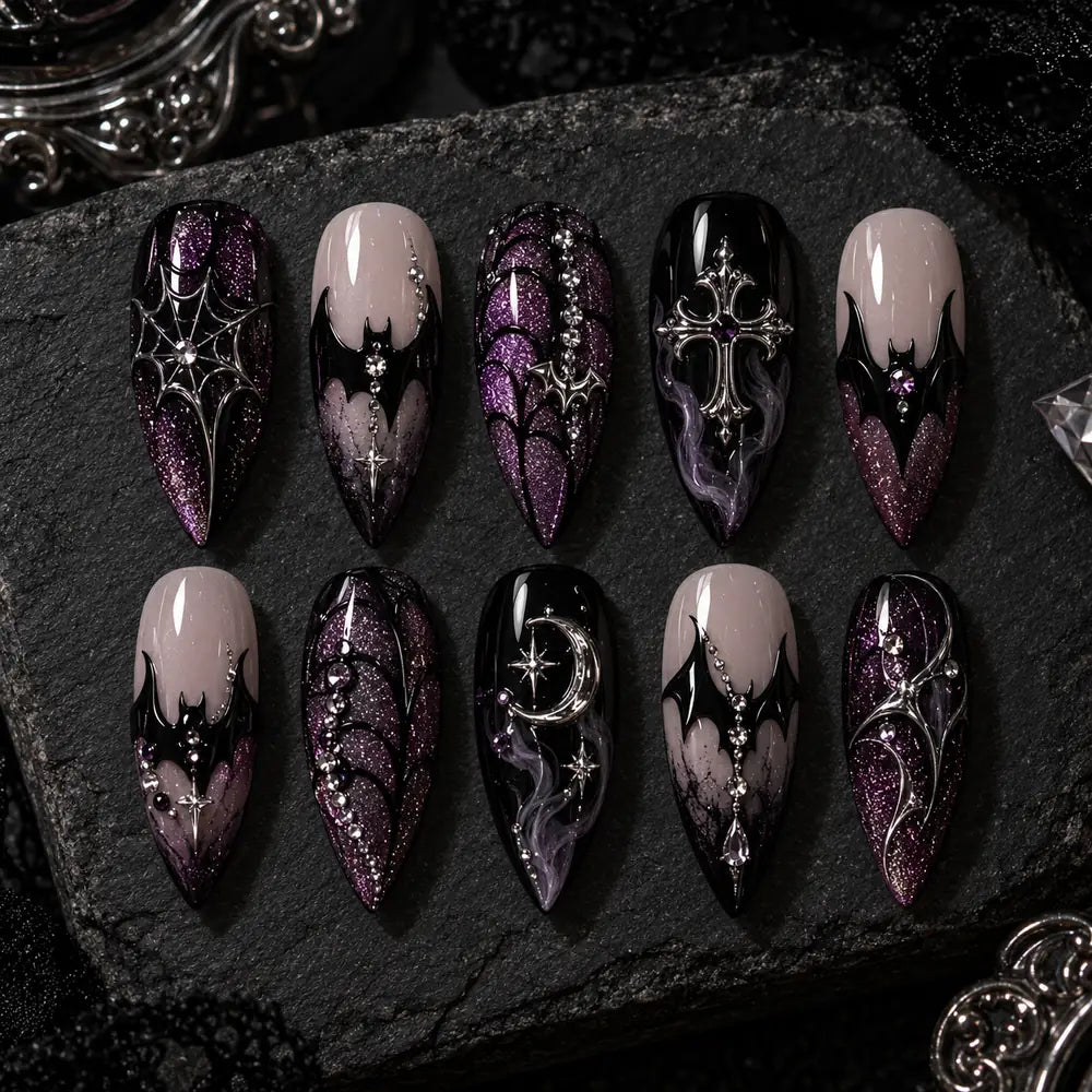 Midnight Bat & Spiderweb Rhinestone Press On Nails — image 2