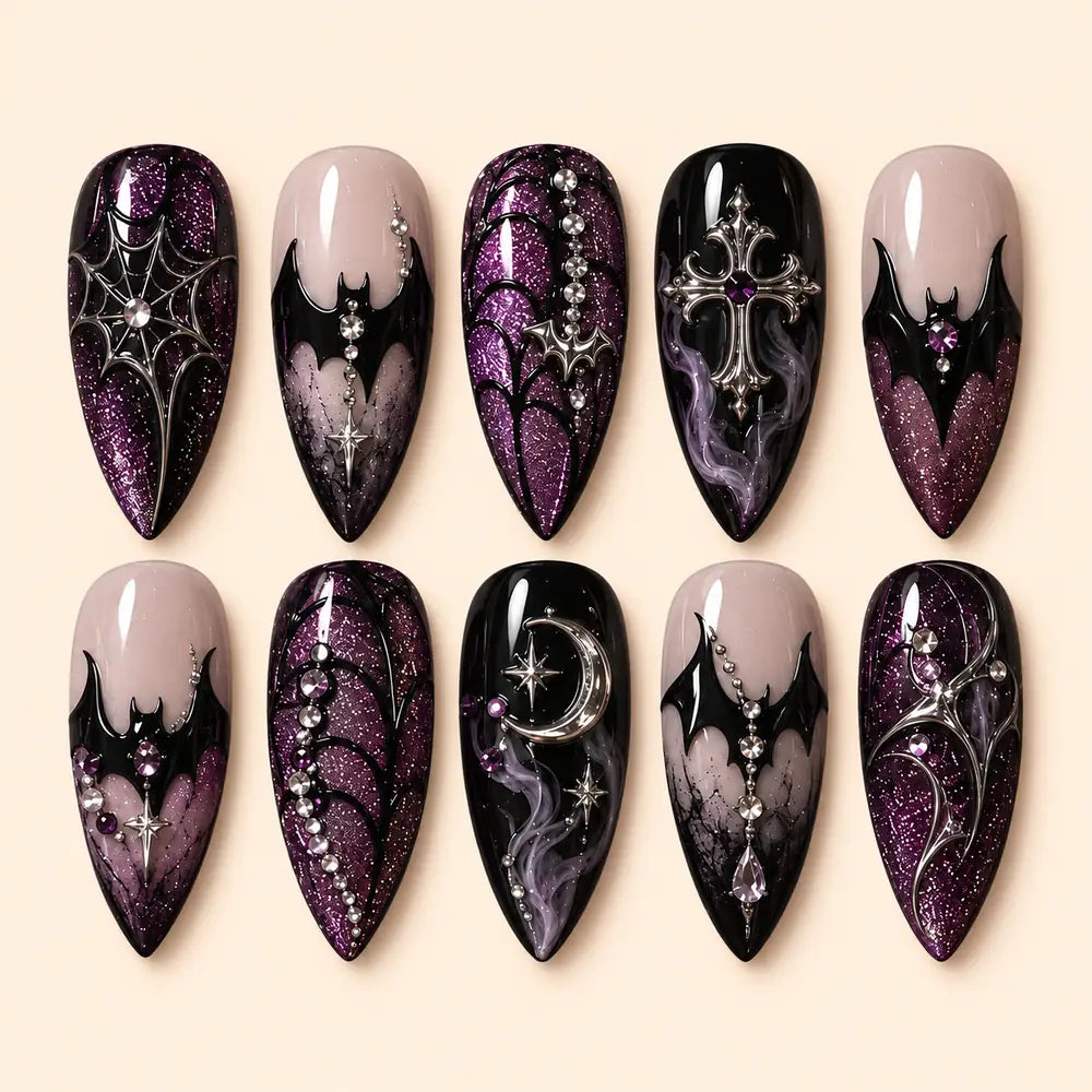 Midnight Bat & Spiderweb Rhinestone Press On Nails — image 1