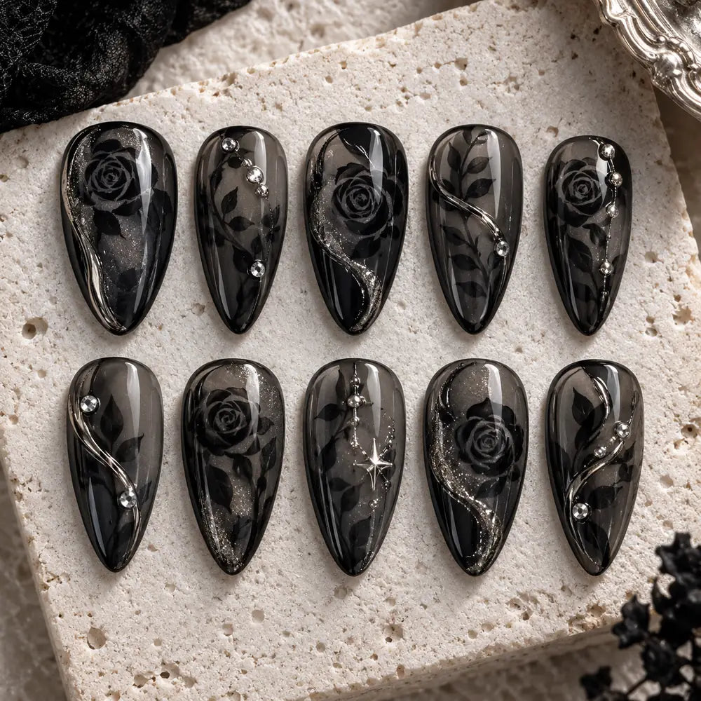 Midnight Black Rose Rhinestone Press On Nails — image 2