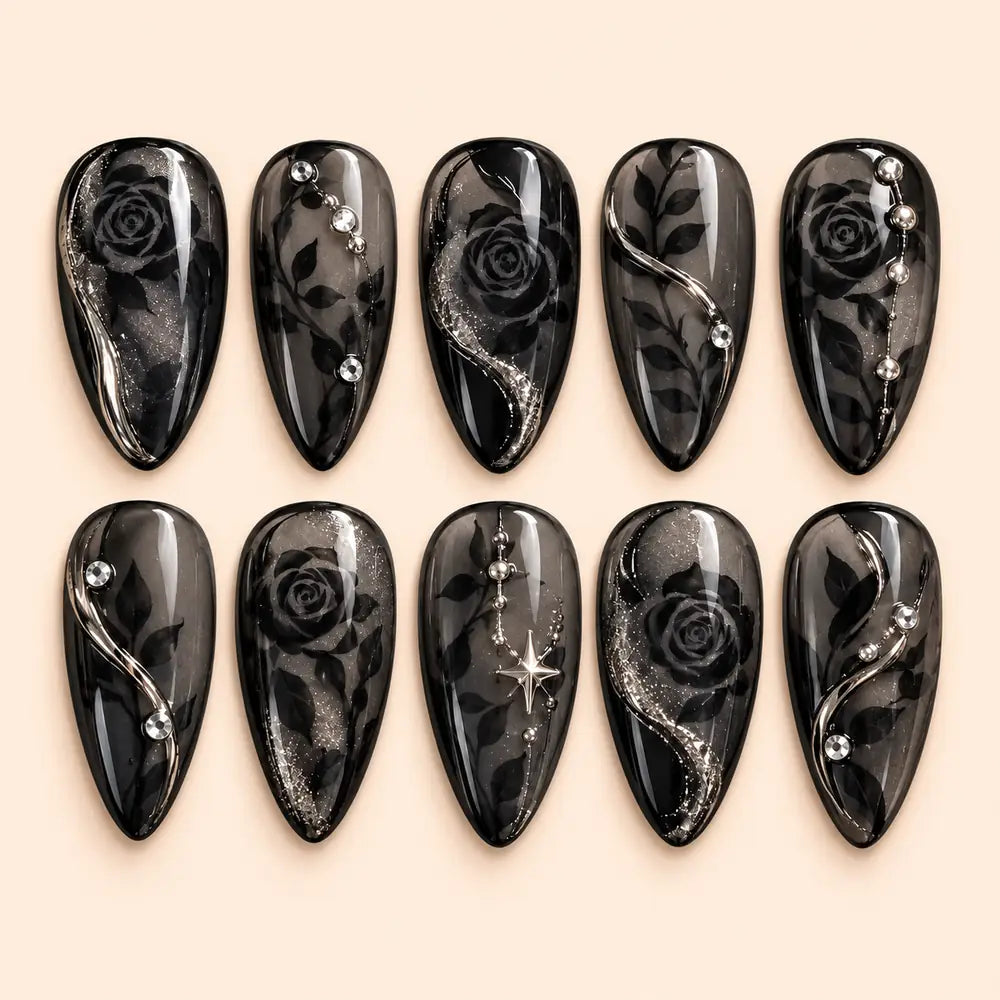 Midnight Black Rose Rhinestone Press On Nails — image 1