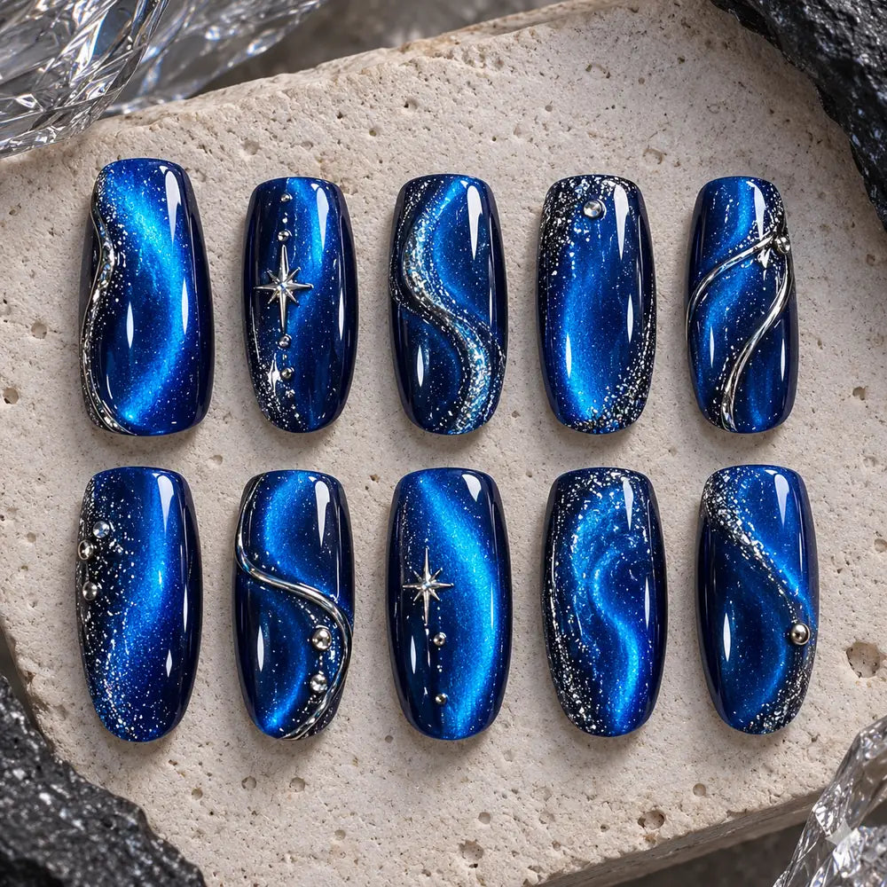 Midnight Blue Galaxy Cat Eye Press On Nails — image 2