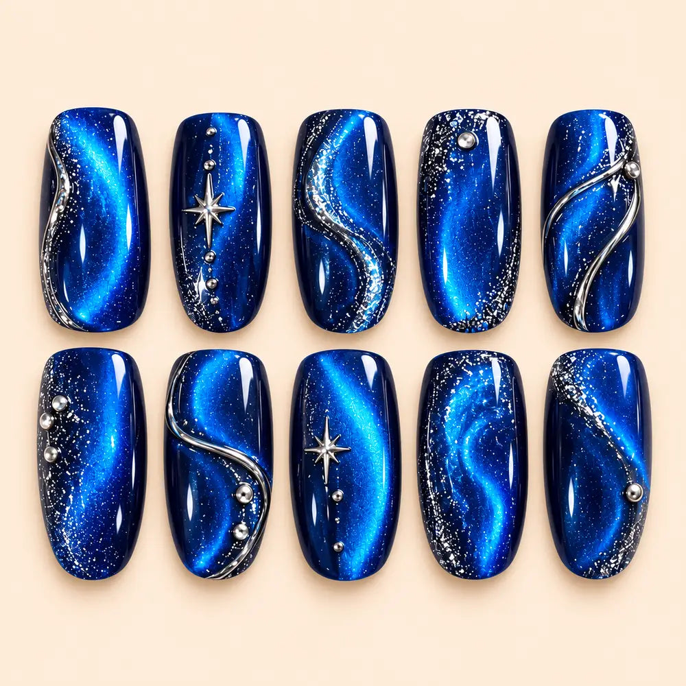 Midnight Blue Galaxy Cat Eye Press On Nails — image 1