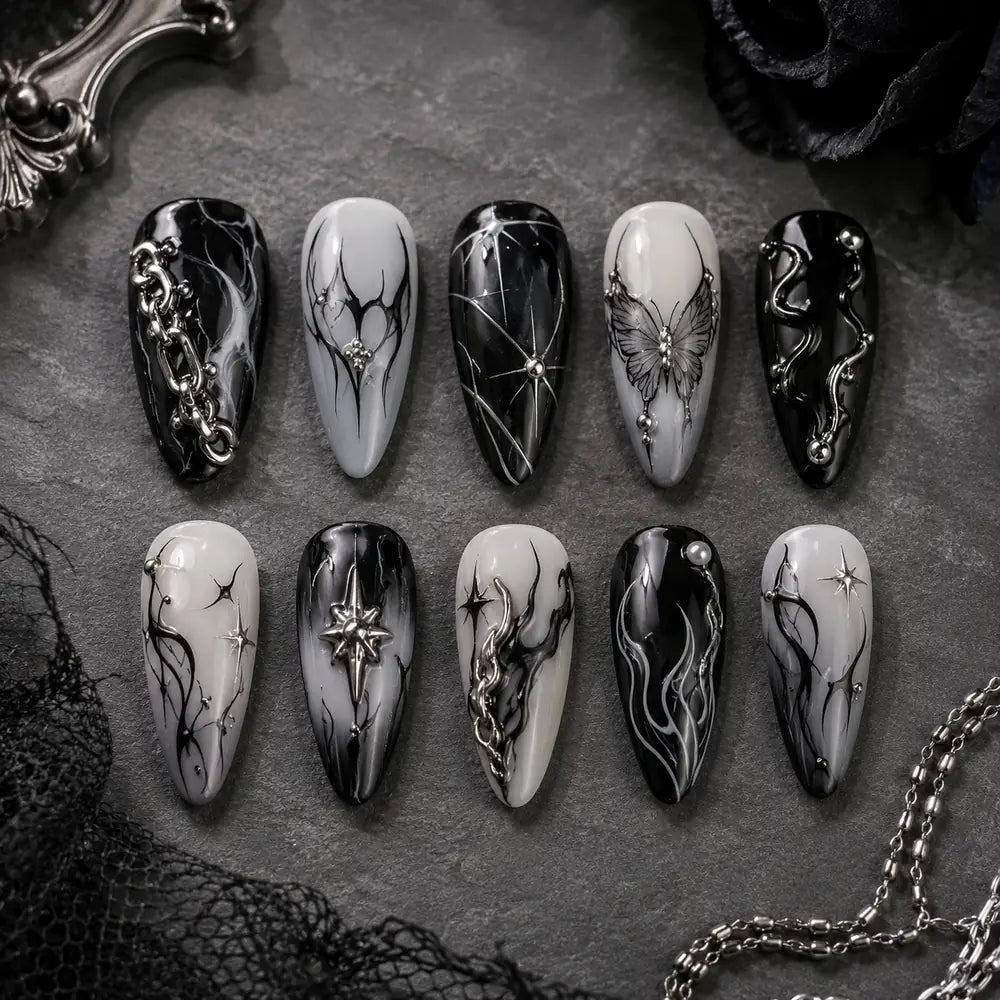 Midnight Butterfly Chain Marble Press On Nails — image 2