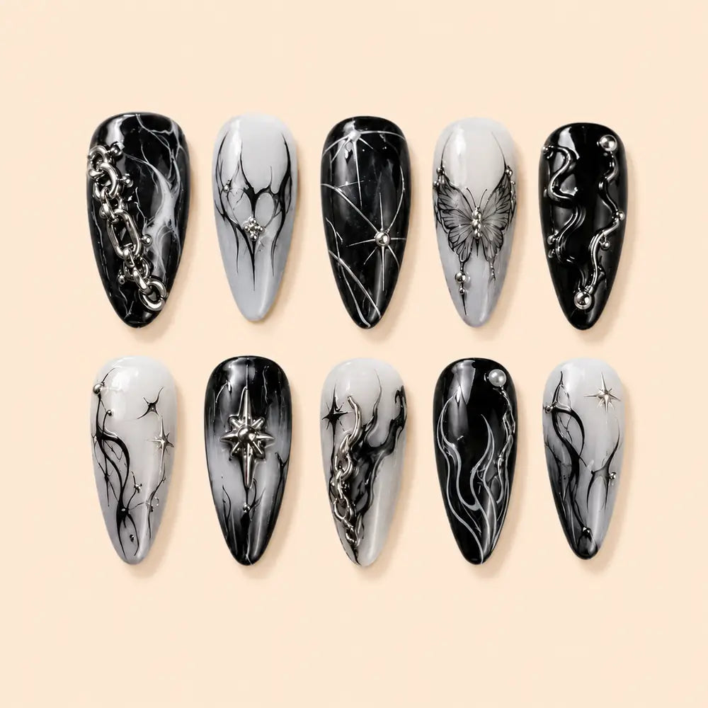 Midnight Butterfly Chain Marble Press On Nails — image 1