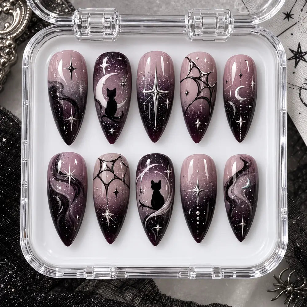 Midnight Cat & Moon Celestial Ombre Press On Nails — image 2