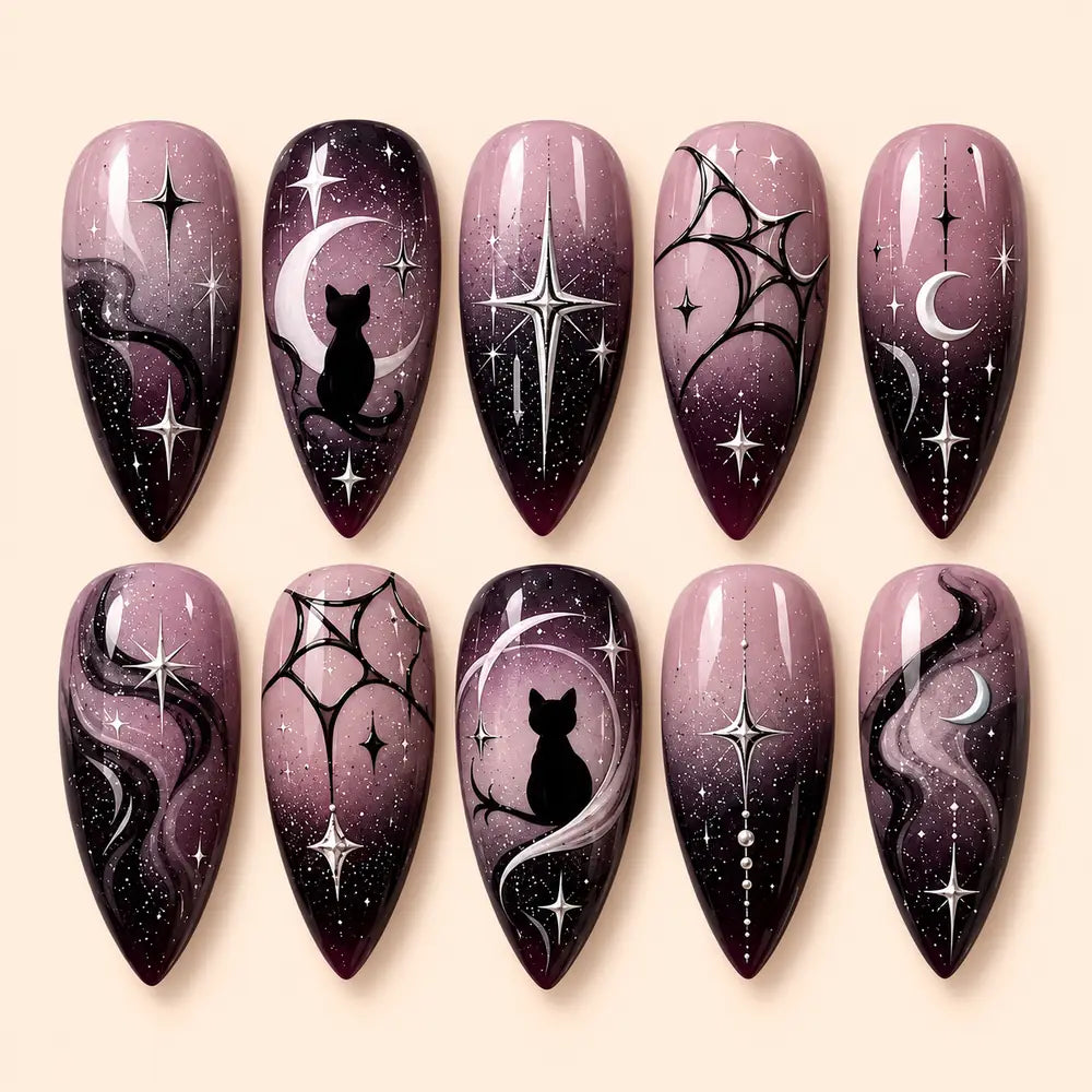 Midnight Cat & Moon Celestial Ombre Press On Nails — image 1