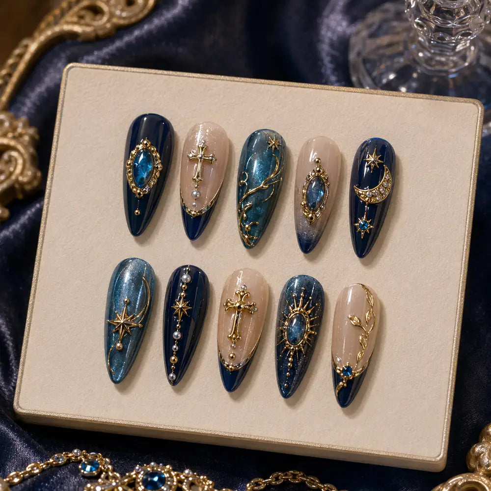 Midnight Celestial Cross Rhinestone Press On Nails — image 2