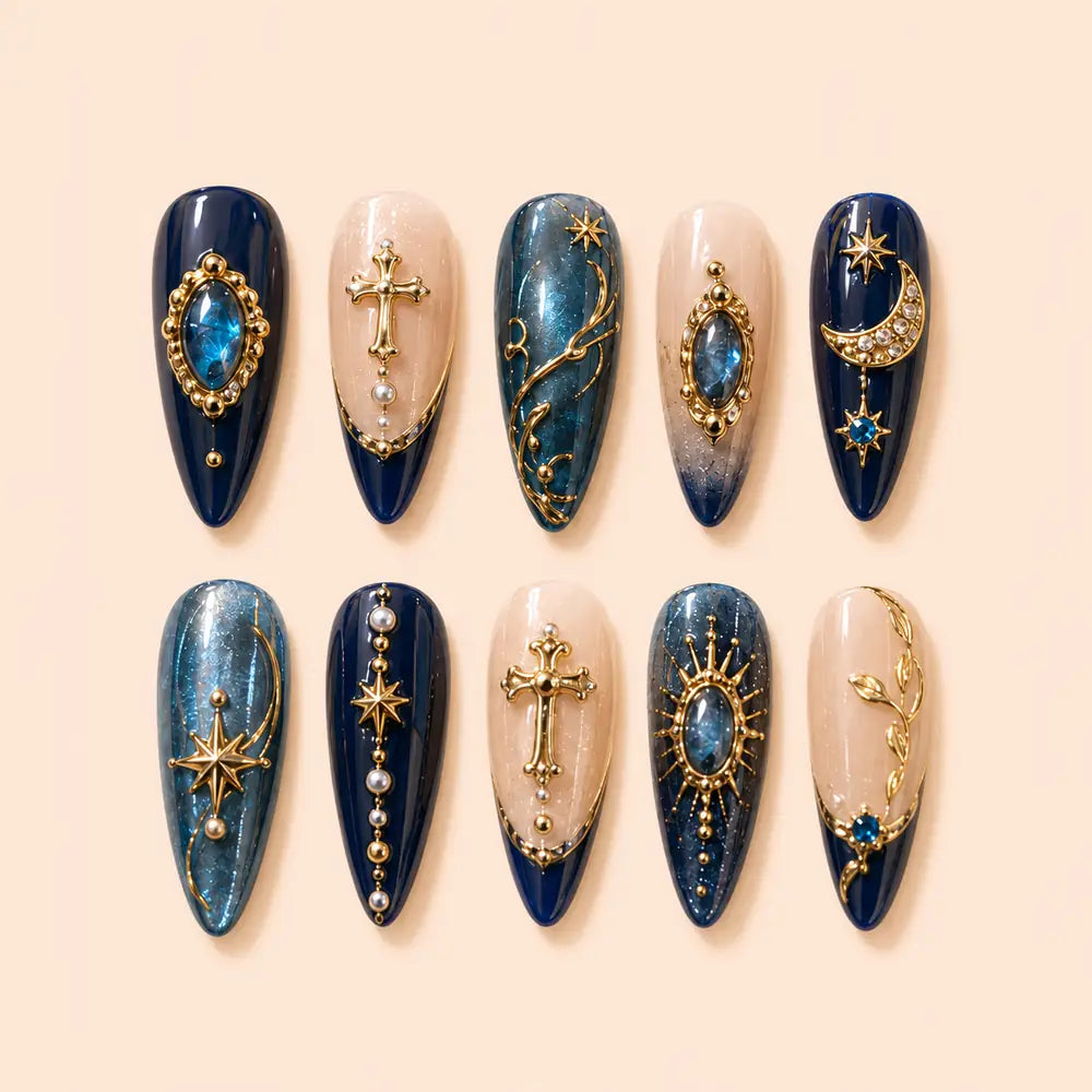 Midnight Celestial Cross Rhinestone Press On Nails — image 1