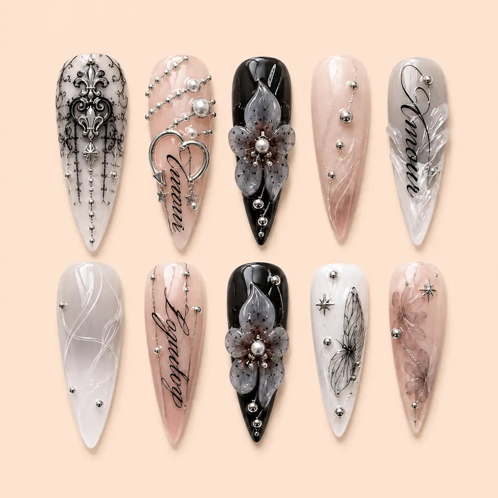 Midnight Fairy Garden 3D Floral Press On Nails — image 1
