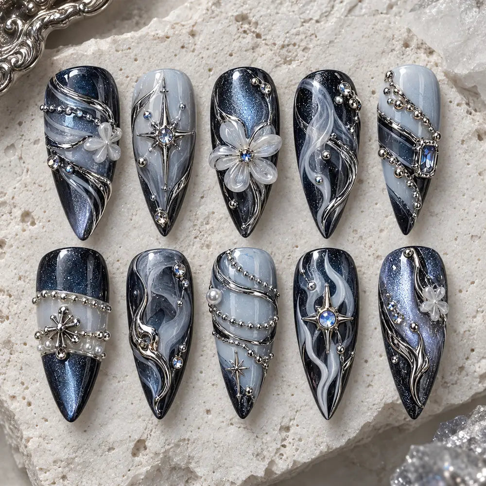 Midnight Floral Constellation Press On Nails — image 2