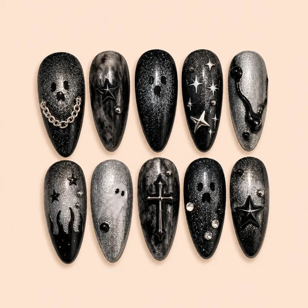 Midnight Ghost Star 3D Glitter Press On Nails — image 1