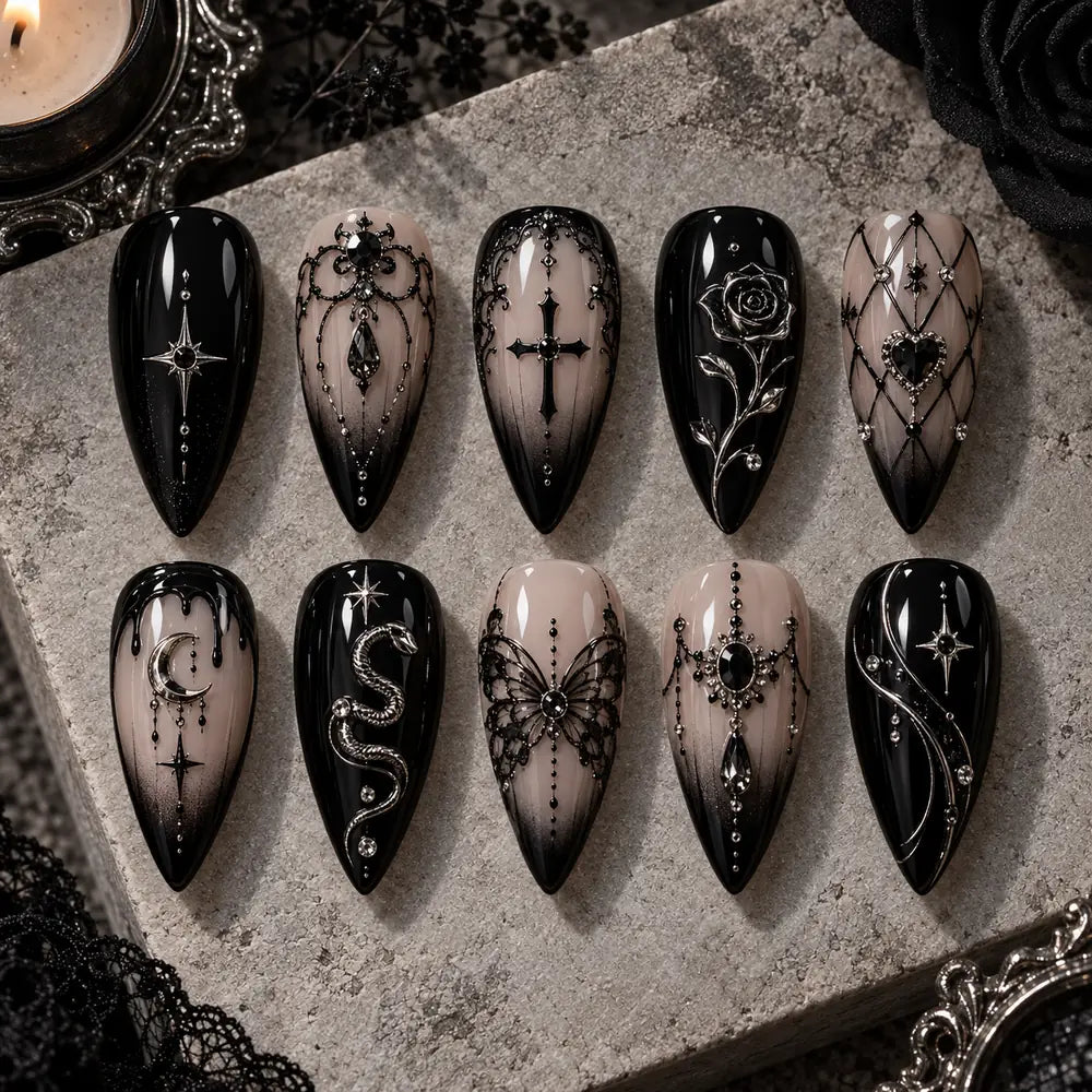 Midnight Gothic Celestial 3D Rhinestone Press On Nails — image 2
