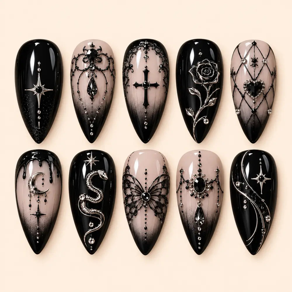 Midnight Gothic Celestial 3D Rhinestone Press On Nails — image 1