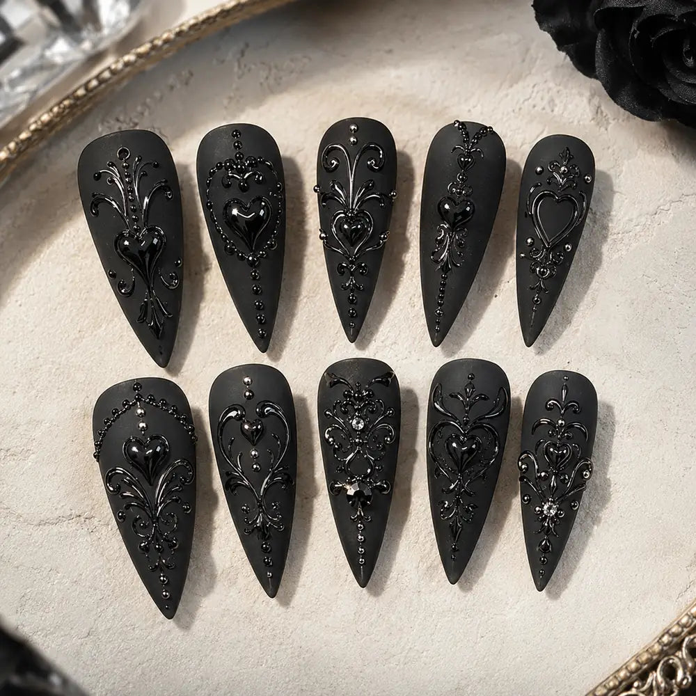 Midnight Gothic Heart 3D Stiletto Press On Nails — image 2