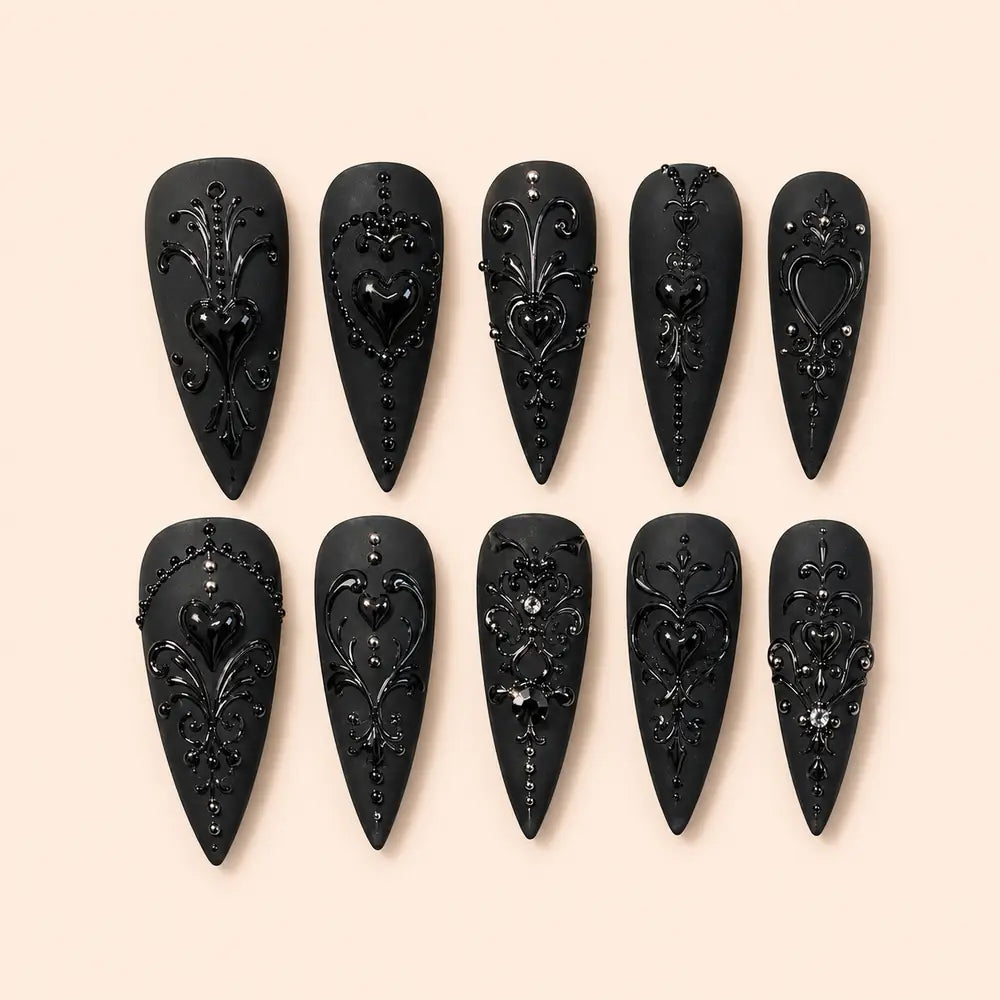 Midnight Gothic Heart 3D Stiletto Press On Nails — image 1