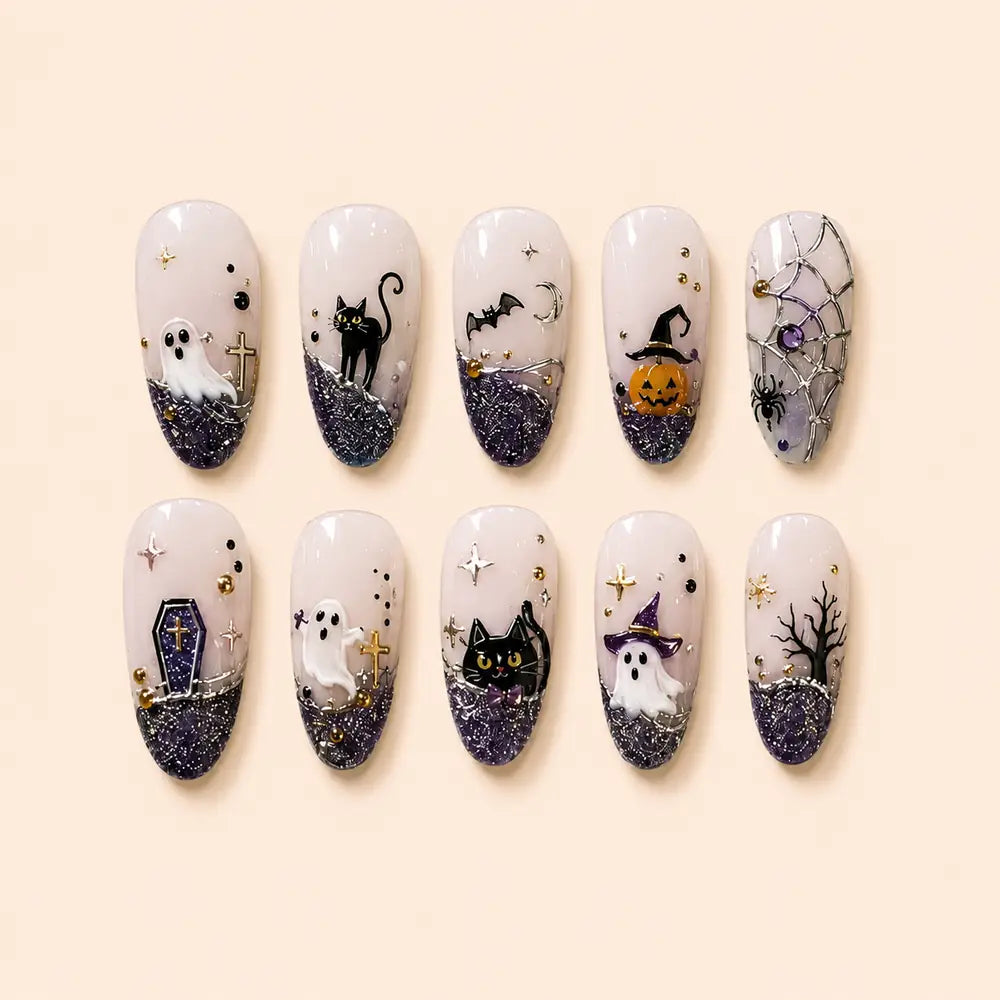 Midnight Graveyard Halloween Glitter French Press On Nails — image 1