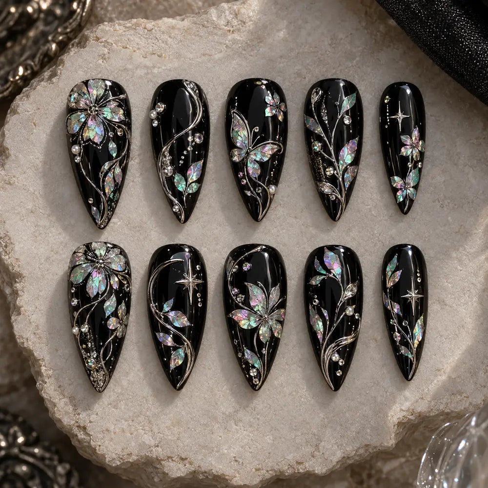 Midnight Iridescent Butterfly Garden Press On Nails — image 2