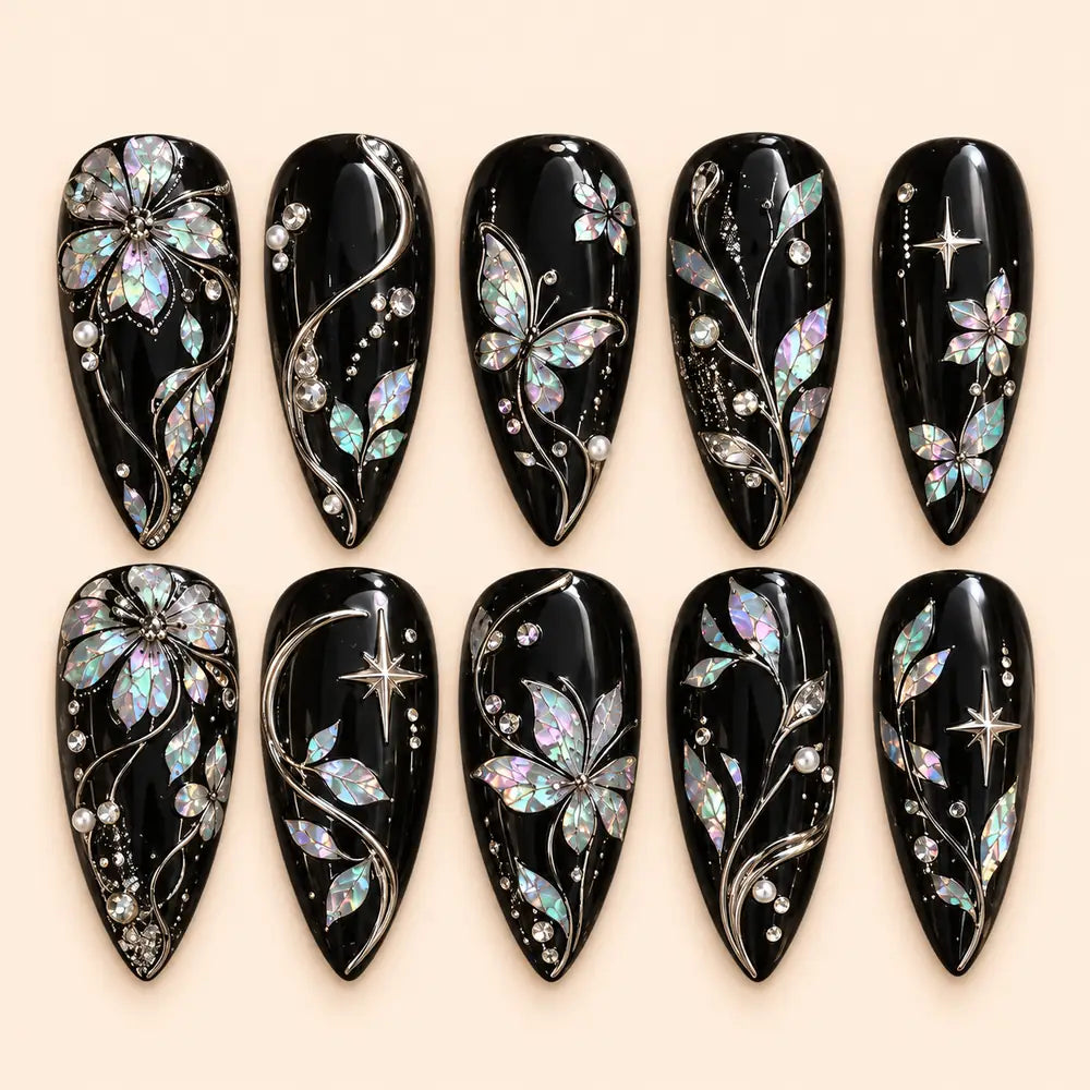 Midnight Iridescent Butterfly Garden Press On Nails — image 1