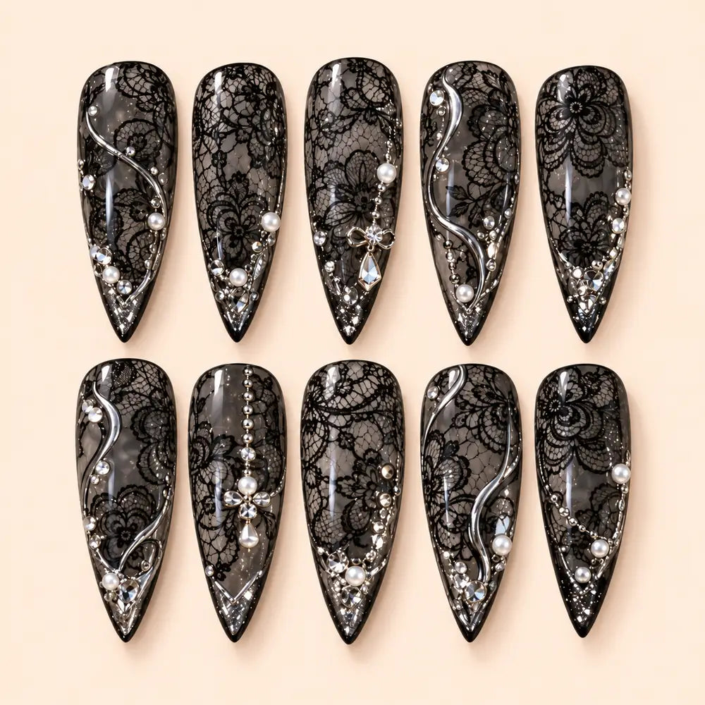 Midnight Lace Pearl Rhinestone Press On Nails — image 1