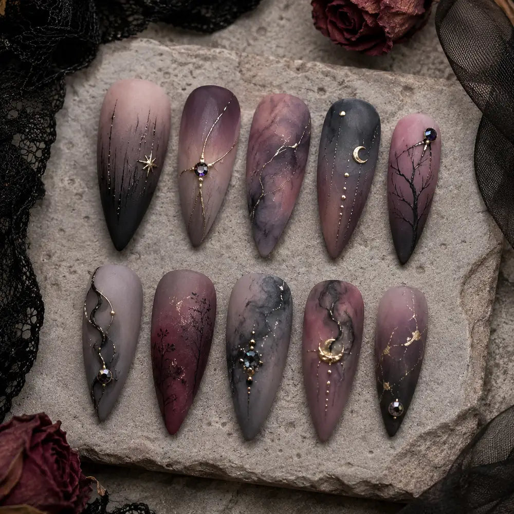 Midnight Moon Marble Rhinestone Press On Nails — image 2