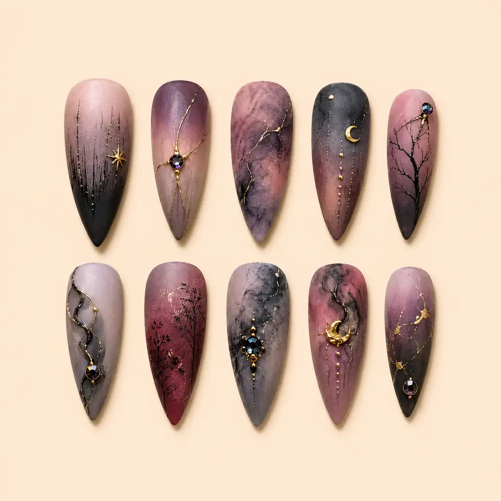 Midnight Moon Marble Rhinestone Press On Nails — image 1