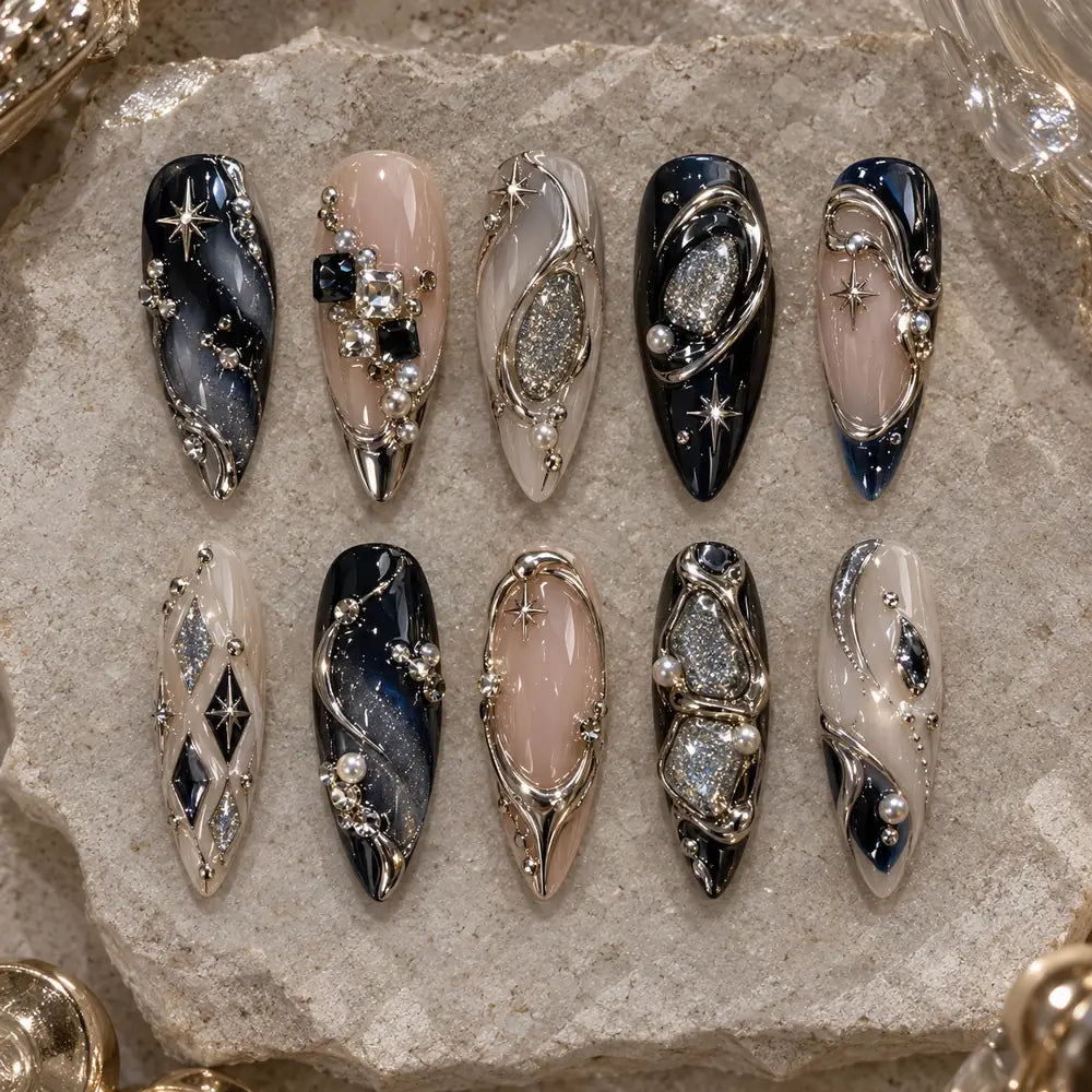Midnight Orbit Celestial 3D Rhinestone Press On Nails — image 2