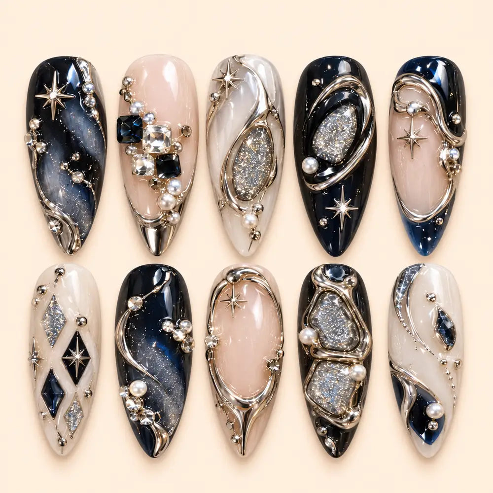 Midnight Orbit Celestial 3D Rhinestone Press On Nails — image 1