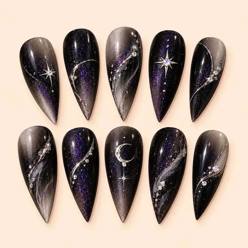 Midnight Orbit Celestial Glitter Rhinestone Press On Nails — image 1