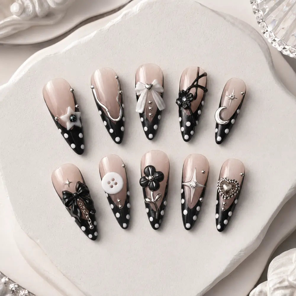 Midnight Polka Bow 3D French Tip Press On Nails — image 2