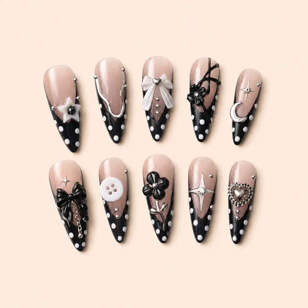 Midnight Polka Bow 3D French Tip Press On Nails — image 1