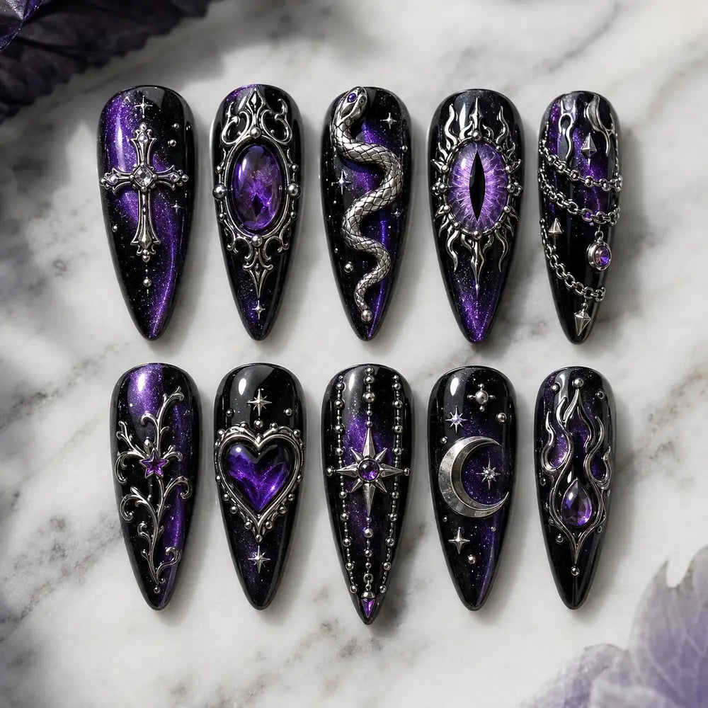 Midnight Serpent & Moon 3D Rhinestone Press On Nails — image 2